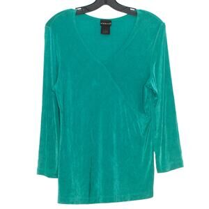 Emerald Green Slinky Knit Top 3/4 Sleeve Stretch S 90s Minimalist Office Work